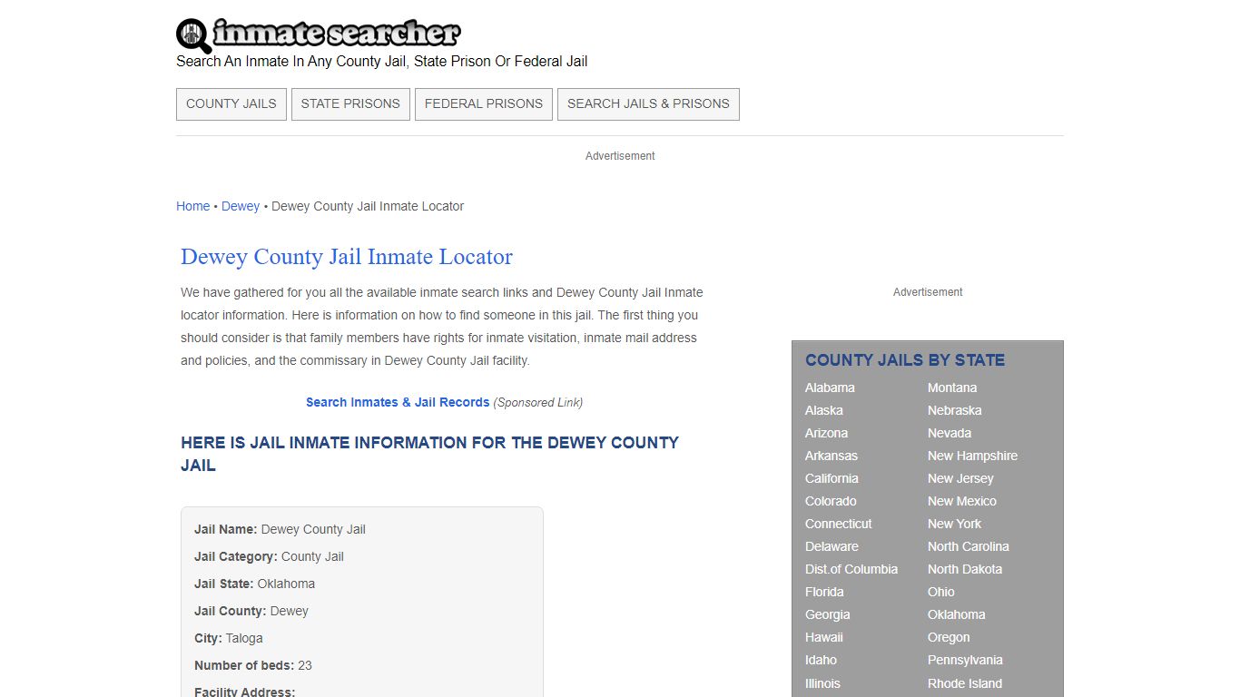 Dewey County Jail Inmate Locator - Inmate Searcher